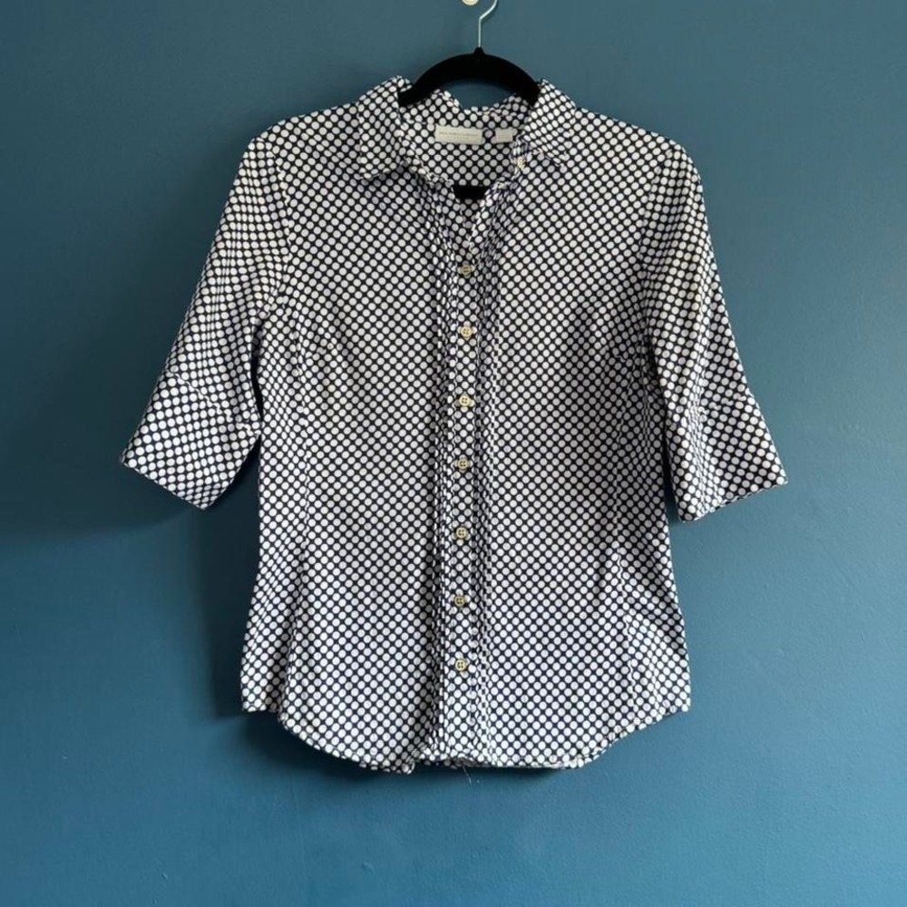 Y2K Polka Dot Blouse Women's Size Small Blue White‎ New York & Company Fitted